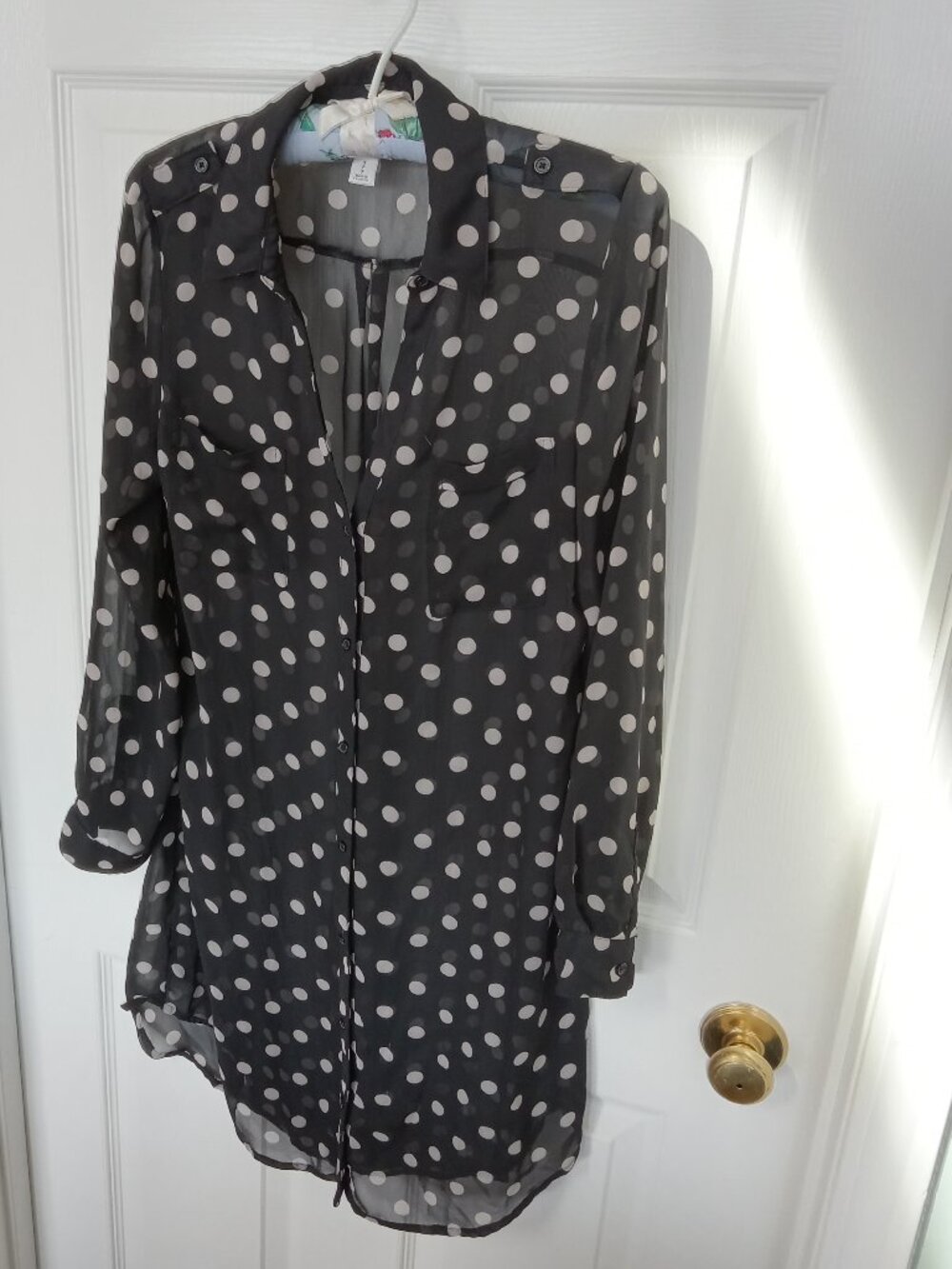 Sheer Dark Navy Polka Dot Long Shirt / Mini Dress / Beach Cover-Up